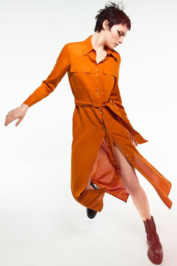 En naranja quemado y confeccionado en tejido de mezcla de lino, este vestido camisero de Zara con cuello de solapa y mangas largas acabadas en puño que tiene bolsillos de plastrón con solapa en el pecho y cinturón con lazada a tono está disponible entre las tallas XS y XXL y cuesta 45,95 euros. 