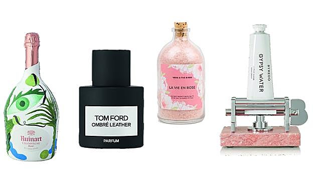 RUINART Champagne edición limitada de magnum por Jaime Hayón (600€). TOM FORD Fragancia Signature Ombré Leather Parfum (161€/100 ml). VERA & THE BIRDS Sales de baño La vie en rose con pétalos de rosas (12€). BYREDO Exprimidor de crema de manos (275€).