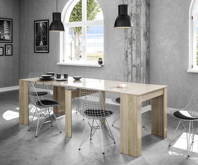 Aunque en la mesa veas una gigantesca mesa de comedor de madera de estilo nórdico, este mueble de Alcampo (190 euros) toma hasta cinco posiciones y tamaños diferentes, recogiéndose en una pequeña consola que podrá hacer las veces de aparador o mueble auxiliar en el salón o en la cocina cuando no la estés usando.