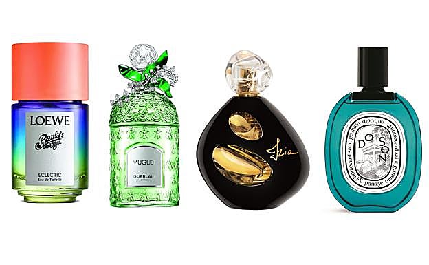 1. Loewe Paula´s Ibiza Eclectic huele a flor de azahar y a jazmín sambac (75€/50ml). 2. Guerlain Su edición limitada 2022 Muguet lleva su ingrediente principal, el lirio del valle, representado en cristal (600€/ 145 ml). 3. Sisley La exclusiva rosa d´Ornano protagoniza el perfume Izia La Nuit (156€/50 ml). 4. Diptyque Un eau de parfum que huele a nardo mezclado con brisa marina (140€/75 ml).
