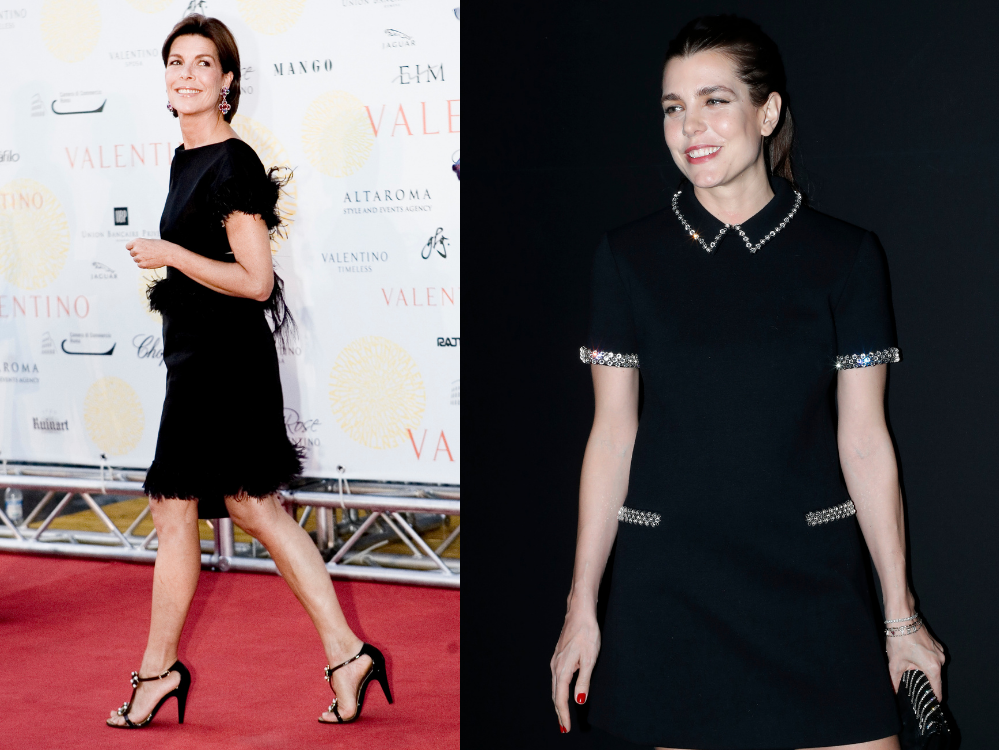 El little black dress es una prenda recurrente que puede salvar cualquier ocasión. Carolina con delicadas plumas para el 45 aniversario de Valentino en 2007 y Carlota con detalles de lentejuelas para Saint Laurent en 2019.