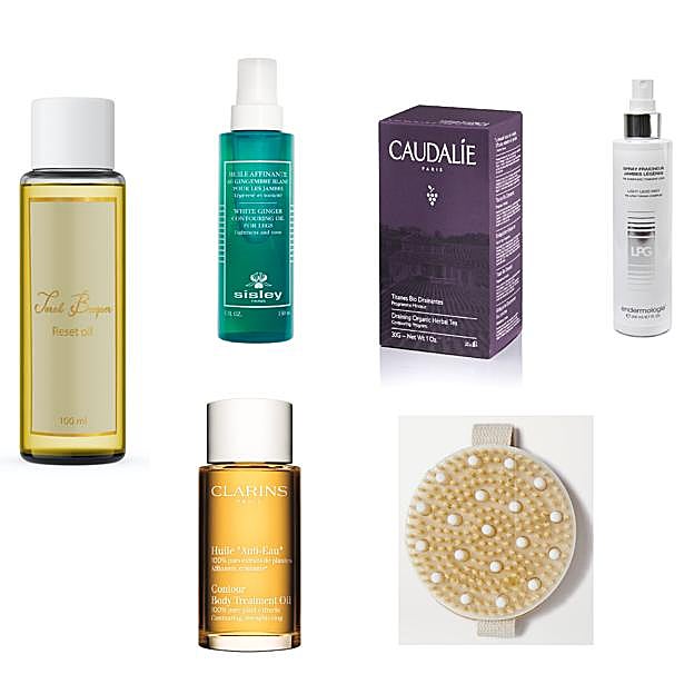 Aceite Reset Oil de Sarah Becquer (90€). Huile Affinante Au Gingembre Blanc Pour Les Jambes de Sisley (147€). Huile «Anti-Eau» de Clarins (56,75€). Tisanas Bio Drenantes de Caudalie (10,10€). Cepillo para masaje en seco de Mio Skincare (18€). Espray Piernas Ligeras de LPG (34€). 
