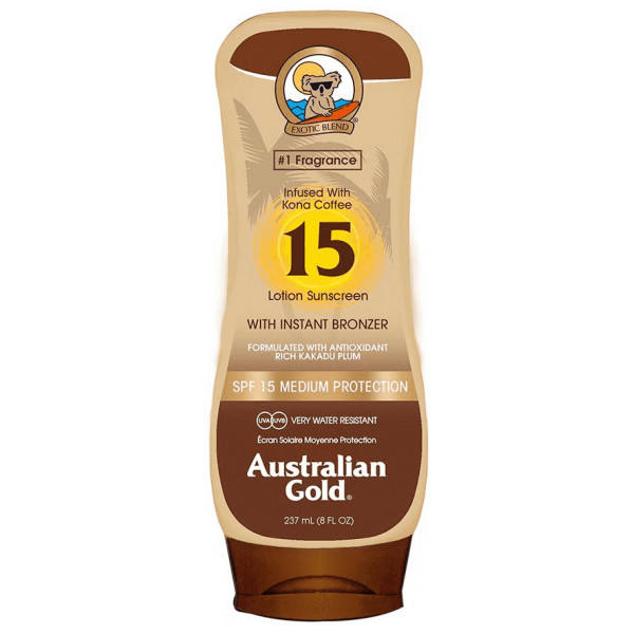La Loción con Bronceador SPF 15 de Australian Gold protege de los rayos UVA y UVB