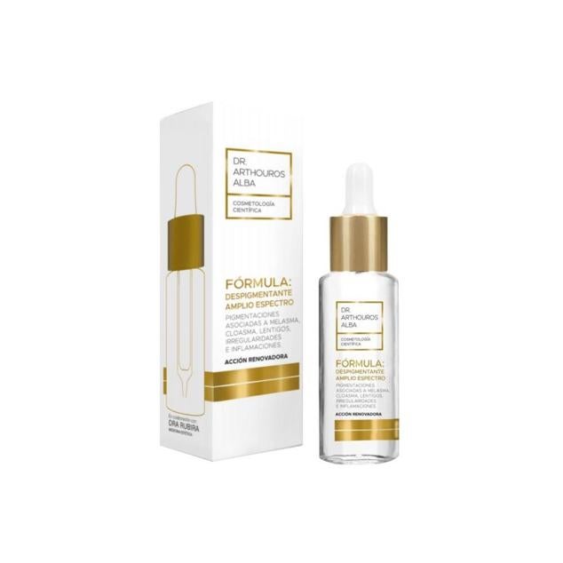 Un intenso tratamiento despigmentante y antiedad cuya fórmula combina la acción sinérgica de potentes activos como retinol que renueva las células y estimula el colágeno, ácidos tranexámico, azelaico y tióctico con acción antimanchas y exfoliante, arbutina, pycnogenol, vitaminas C y B3 (niacinamida) y, extracto de regaliz y centella asiática. Una de las mezclas con más eficacia para hacer que la pigmentación desaparezca.