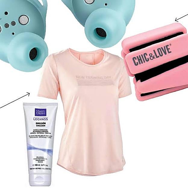 LISTA PARA ENTRENAR Auriculares Beosound A1 & Beoplay E8 Sport, de Bang & Olufsen (250 €); camiseta Domyos, de Decathlon (7,99 €); bangles, de Chic &amp; Love (39,95 €); y crema Legvass, de Marti Derm (17,50 €).