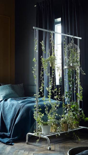 Llenar nuestra casa de plantas siempre es una buena idea. Además de ser muy decorativas, aportan color y vida a las estancias, dan frescor (genial en verano), crean ambientes más acogedores y hacen que los espacios se vean más grandes. En esta ocasión, desde IKEA nos proponen dividir una estancia usando uno de sus famosos burros (16 euros) decorado con plantas colgantes, lo que permite que el espacio no se rompa visualmente y se amplíe.