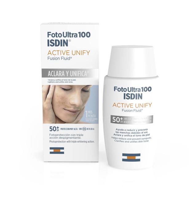 Un  fotoprotector  de triple acción despigmentante que aclara las manchas y unifica el tono de la piel. Utiliza el DP3-Unify Complex con eficacia en la regulación de la producción de melanina. Proporciona dos veces más protección UVA que el mínimo requerido. Y, previene la formación de nuevas manchas. Además, cuenta con alantoína para promover la regeneración de la piel y su fórmula es ligera, cómoda e indetectable.