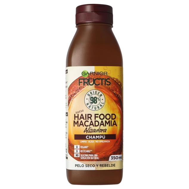 Hair Food Champú Macadamia Alisadora de Fructis, es todo lo que necesitas para un cabello rebelde y seco. Conseguirás domarlo y mantenerlo suave, además contiene efectos nutritivos para un pelo totalmente saludable. Precio: 3,64 €.