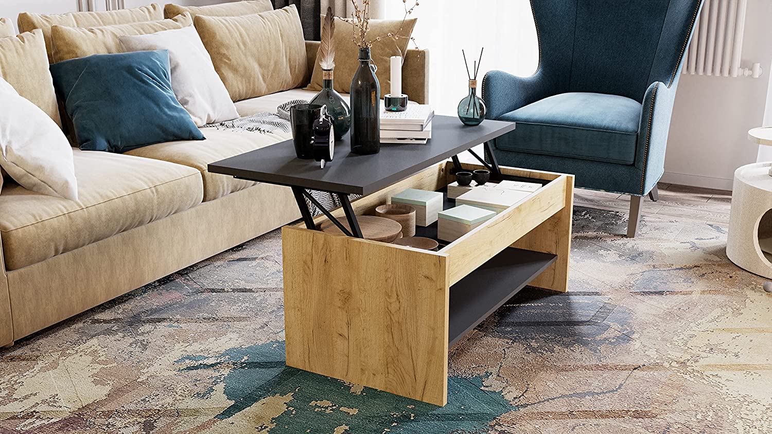 Práctica, elegante, con almacenaje y muy cómoda, esta mesa auxiliar de centro con superficie que se eleva te ayudará a tener todo en orden en el salón al tiempo que te permite comer o trabajar con comodidad desde el sofá. La puedes  comprar en Amazon  por menos de 75 euros. 