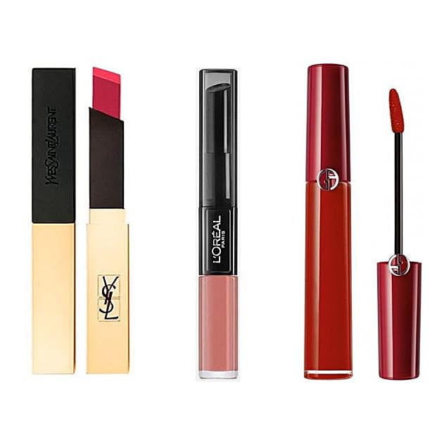 Rouge Pur Couture The Slim de Yves Saint Laurent (39 euros), Infalible 24H de L'Oréal Paris (14,50 euros) y Lip Maestro Intense Collection de Giorgio Armani beauty (35 euros).