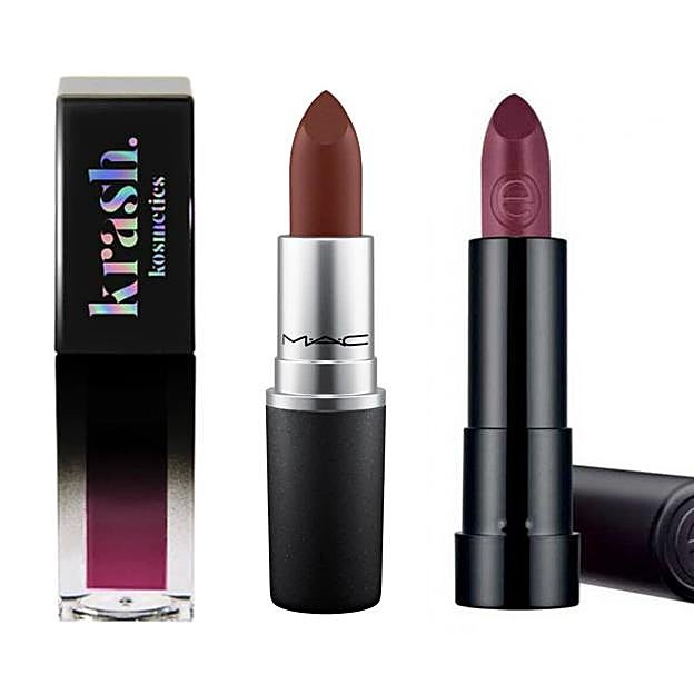 Mile High Club de Krash Cosmetics (12,95 euros), MAC Lipstick (21,50 euros) y Barra de Labios de Larga Duración de Essence (2,89 euros).