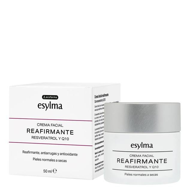 Esylma Crema Facial Reafirmante de Acofarma  es una crema fluida con acción antiedad que hidrata en profundidad, protege, alivia y estimula la regeneración de la piel. Está formulada con resveratrol, coenzima Q10 para aumentar la energía celular y la producción de colágeno, rosa mosqueta reparadora, manteca de karité nutritiva y acondicionadora, escualeno hidratante y pasiflora hidratante. Reafirma, atenúa arrugas, tersa, rellena, unifica e ilumina.