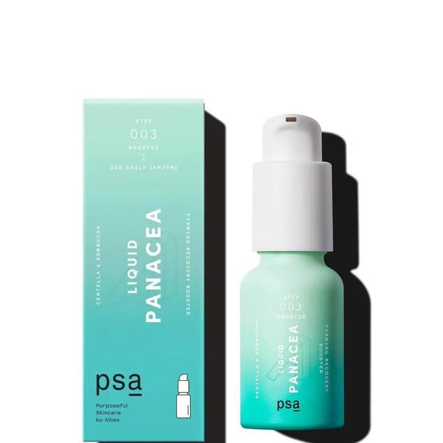 Liquid Panacea Centella and Kombucha Firming Recovery Booster de PSA Skin es un sérum concentrado reafirmante que rellena y aumenta la elasticidad de la piel, repara el daño y combate los radicales libres. Está formulado con una mezcla de madecassoside, centella asiática, kombucha, té blanco, vitamina E, dos tipos de ácido hialurónico y bisabolol, aportando la dosis necesaria para regenerar, desintoxicar, aliviar e hidratar la piel. Cómpralo aquí