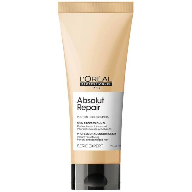 Absolut Repair Gold Conditioner de L'Oréal Professionnel Serié Expert se trata de un acondicionador reparador intensivo que reconstruye, fortalece y suaviza las fibras capilares a través de una mezcla de quinoa dorada y proteínas hidrolizadas. Potencia la elasticidad, hidrata en profundidad, incrementa la luminosidad de los mechones y les da movimiento, soltura y sedosidad. Cómpralo aquí