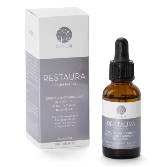 Restaura de Segle Clinical es un tratamiento antiarrugas con efecto bótox, propiedades altamente hidratante y regenerantes. Está formulado con colágeno marino para aportar tersura y elasticidad a la piel, ácido hialurónico rellenador, vitamina E antioxidante, isoflovonas de soja y aloe vera reparadores y, un péptido que relaja las contracciones musculares para corregir arrugas y tensar. Cómpralo aquí