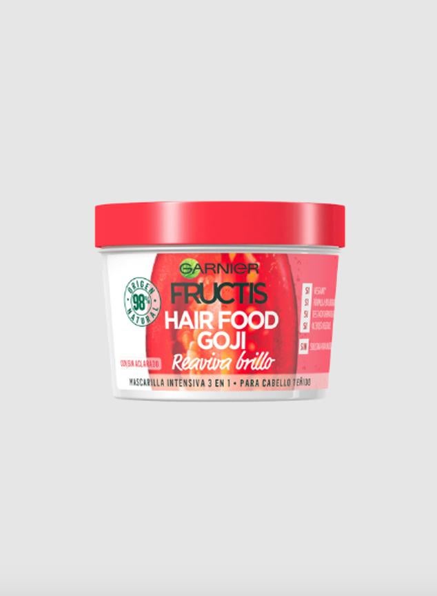 Hair Food Goji ayuda a proteger el color mientras que reaviva el brillo de las melenas teñidas. Su fórmula está compuesta por bayas de Goji, que nutren el cabello en profundidad y le aportan luminosidad. Cuenta con un 98% de ingredientes de origen natural.