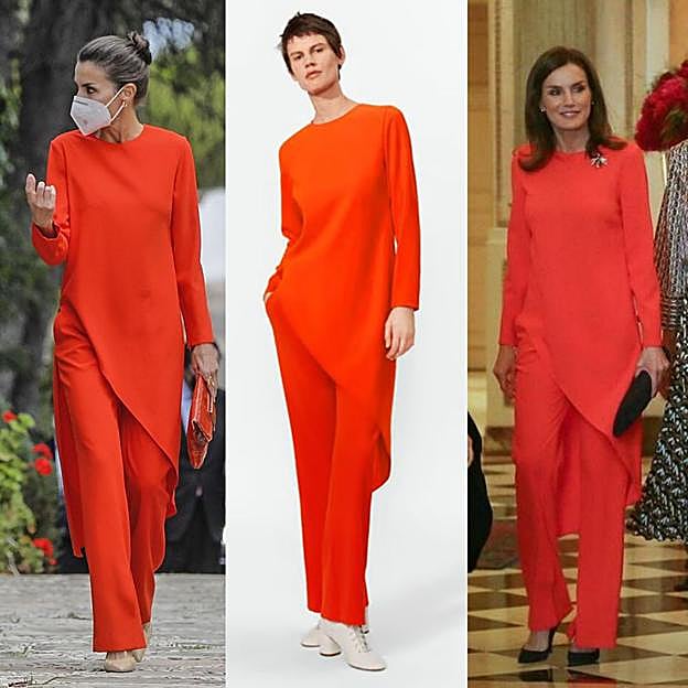 La reina Letizia y el conjunto naranja de Zara.