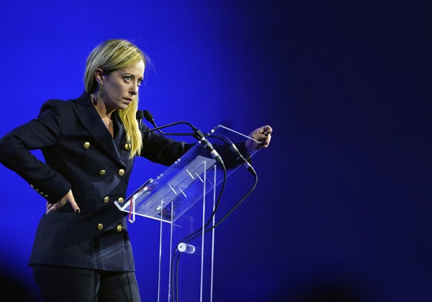 MILAN, ITALY - APRIL 29: Giorgia Meloni leader of Fratelli D'Italia Party during her speech at the  'Italia Energia da Liberare' conference at Mico Center on April 29, 2022 in Milan, Italy. (Photo by Pier Marco Tacca/Getty Images)