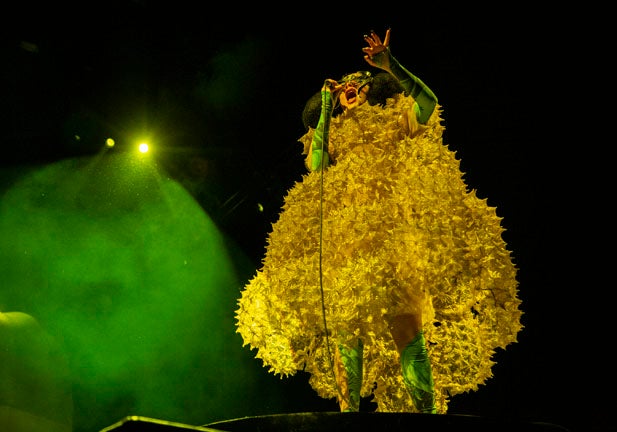 SAN FRANCISCO, CALIFORNIA - FEBRUARY 08: Bjork performs onstage during her 'Cornucopia' tour at Chase Center on February 08, 2022 in San Francisco, California. (Photo by Santiago Felipe/Getty Images for ABA)