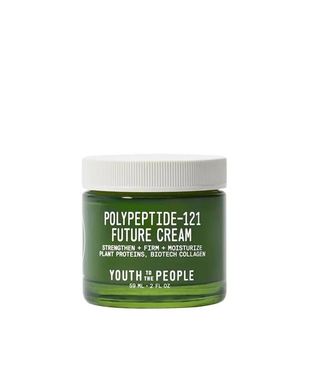 Polypeptide-121 Future Cream de Youth to the People hidrata y reafirma con intensidad gracias a la combinación de péptidos, proteínas vegetales y ceramidas, que proporcionan un refuerzo de la barrera de la piel, redensifican y reducen las arrugas, mientras restauran el brillo natural de la tez, su volumen y elasticidad.