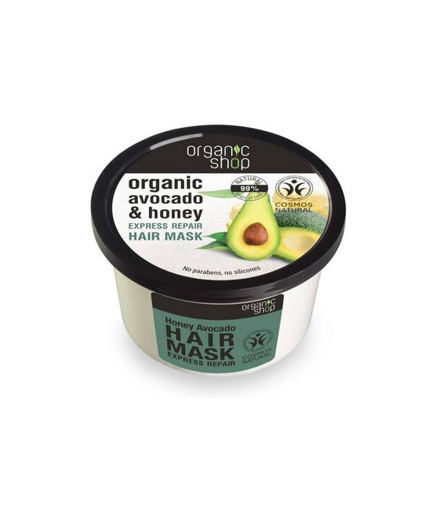 Mascarilla Capilar Reparadora Express con Aguacate Orgánico y miel de Organic Shop corrige el daño, suaviza, aporta volumen, hidrata e ilumina el cabello, a la vez que protege del deterioro a través de una fórmula enriquecida con aceites de coco y aguacate, miel y vitamina E.