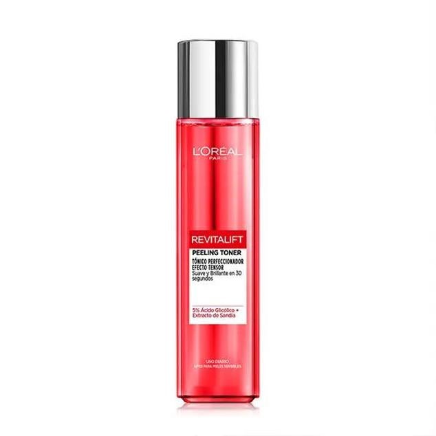 Revitalift Peeling Toner de L’Oréal Paris es un tónico que suaviza, ilumina, reduce manchas y tersa la piel, gracias a su acción peeling con un 5% de ácido glicólico, así como la vitamina C y el ácido salicílico. Para hidratar y aliviar la tez, también incorpora una mezcla de aloe vera, extracto de sandía y pantenol.