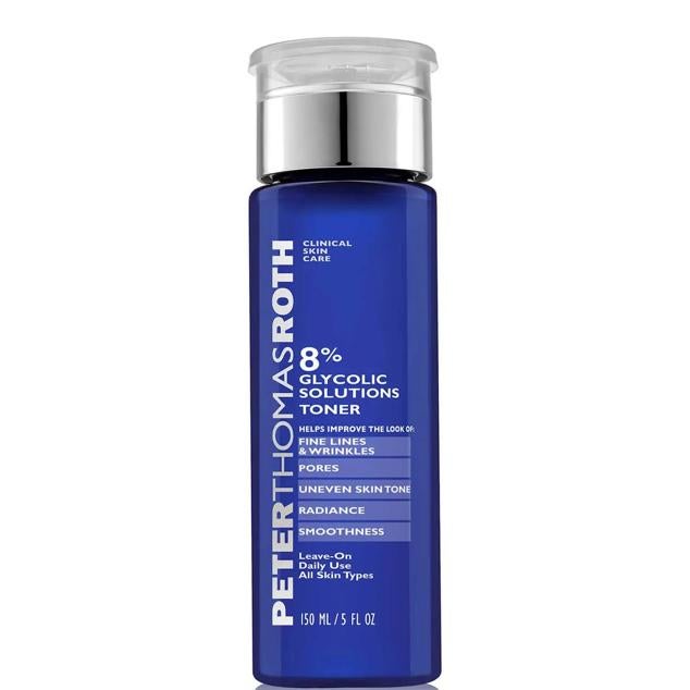 8% Glycolic Solutions Toner de Peter Thomas Roth perfecciona todas las facetas de la piel con su fórmula antienvejecimiento. Es un tónico iluminador, unificador del tono, corrector de poros y arrugas y suavizante, elaborado con hamamelis, alantoína calmante y ácido glicólico, cuya unión consigue ese aspecto fresco y juvenil. Además, también incluye aloe vera, vitamina C y ácido láctico que ayudan a mejorar estos resultados.