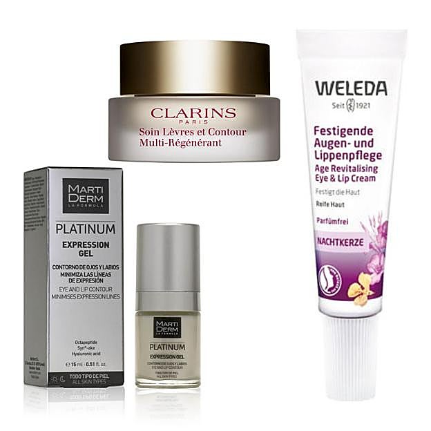 Cremas para el contorno de labios: Expression Platinium Contorno de Ojos y Labios de Martiderm, Multi-Régénérante Bálsamo Antiarrugas para Labios y Contorno de Labios de Clarins y Crema Contorno Ojos y Labios Onagra de Weleda.