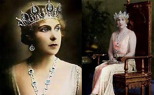 La reina Victoria Eugenia con la corona de aguamarinas.