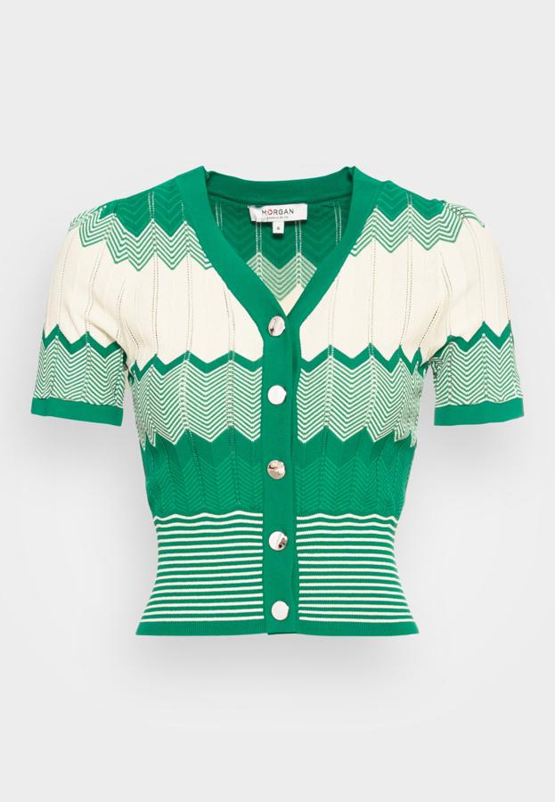 De estampado geométrico y de color verde vibrante para hacer destacar este cárdigan como protagonista de cualquier estilismo que decidas. Es de Morgan. Precio: 35,95 €.