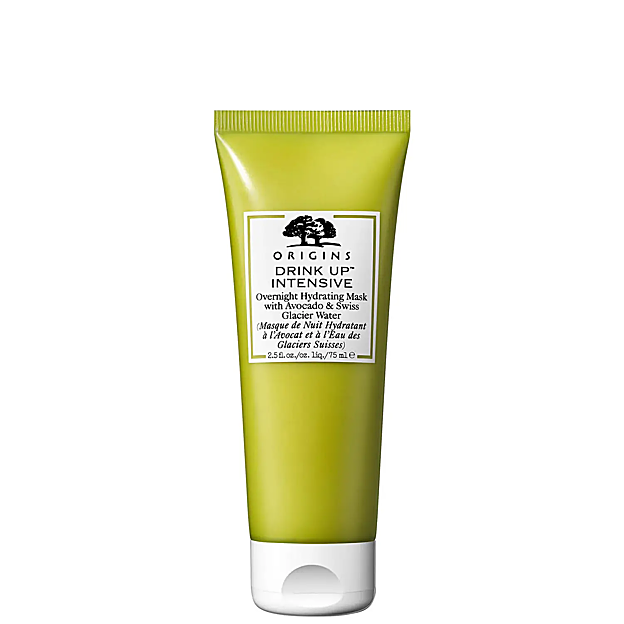 Mascarilla hidratante de noche Drink Up Intensive con aguacate y agua pura de glaciar suizo de Origins.