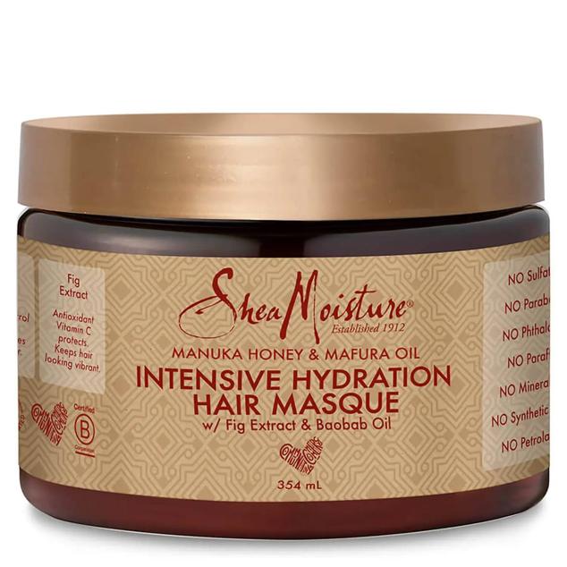 Manuka Honey & Mafura Oil Intensive Hydration Hair Masque de Shea Moisture proporciona un acondicionado e hidratación intensivas, con una fórmula revitalizante, reparadora, protectora y fortalecedora a base de manteca de karité, miel, aceite de maruga e higo de montaña. Cómpralo aquí