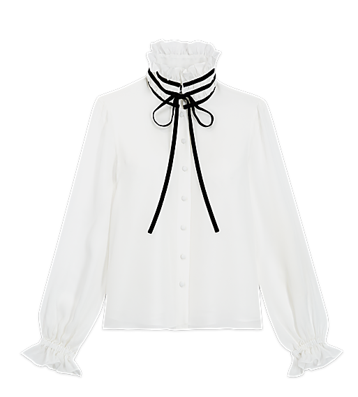 Imagen principal - Camisa blanca con lazo, de The Kooples; mocasín con plataforma, de Vagabond; y camisa estampada de Sessùn.