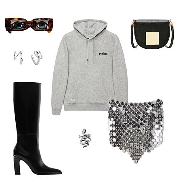 De izq. a dch. Gafas de Etnia Barcelona, botas de Massimo Dutti, sudadera de Polo Club, anillo de Thomas Sabo, pendientes de Singularu, bolso de Purificación García y falda de Bershka.