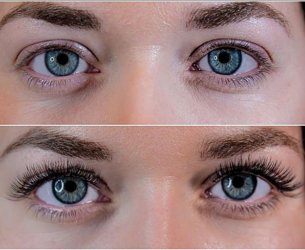 El antes y el después de la técnica de las pestañas híbridas.