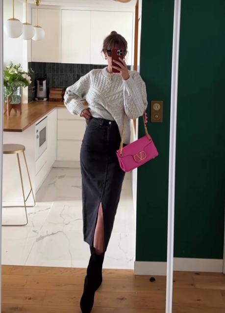 Imagen - Look con falda denim y jersey trenzado