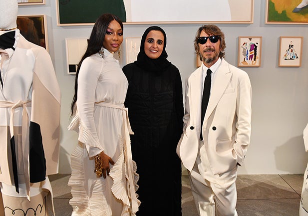 DOHA, QATAR - NOVEMBER 02: (L-R) Naomi Campbell, Her Excellency Sheikha Al Mayassa Bint Hamad bin Khalifa Al Thani, Chairperson of Qatar Museums, and Pierpaolo Piccioli, Creative Director of Maison Valentino, attend the #QatarCreates opening reception, presented with Maison Valentino, on November 2, 2021 at the Museum of Islamic Art in Doha, Qatar. #QatarCreates is a cultural celebration connecting the fields of art, fashion, and design through a diverse program of exhibitions, awards, public talks, and special events, all taking place in the heart of Doha. (Photo by Craig Barritt/Getty Images for Qatar Museums)