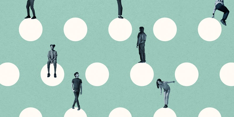 Young multi-ethnic male and female friends on white circles against turquoise background