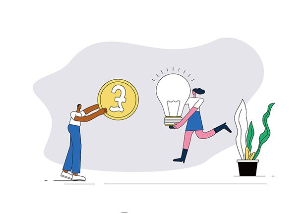 Two white-collar workers exchange pounds for light bulbs.