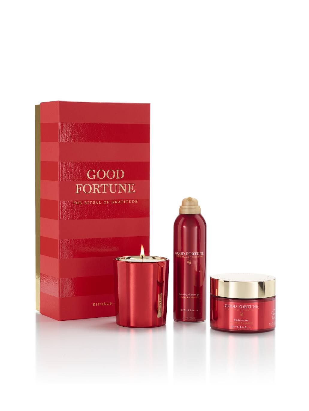 Pack Good Fortune de Rituals, con gel en espuma, crema corporal y vela aromática (42,90 €).