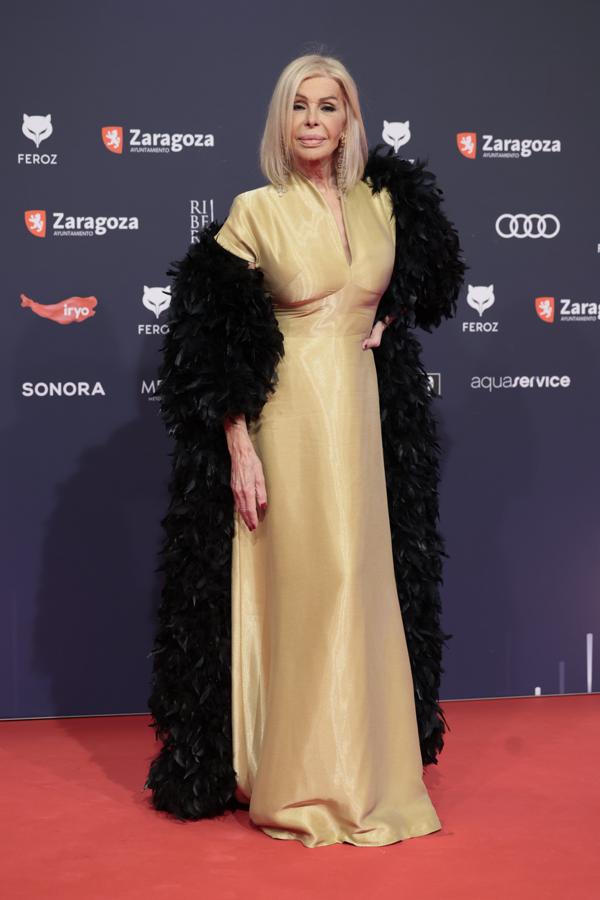 Bibiana Fernández desprende el verdadero glamour de la alfombra roja con un vestido largo amarillo satinado y un maxi abrigo de plumas, acorde a su estilo. 