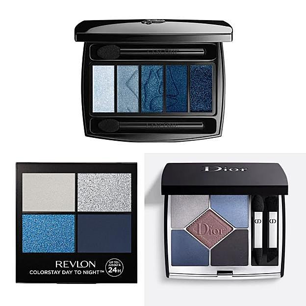 Las paletas de sombras azules. Hypnose Palette 5 Couleurs de Lancome (33,27 euros en Druni), 5 Couleurs Couture de Dior (68 euros) y Paleta de sombras quad 5 de REvlon (10,95 euros en Clarel).