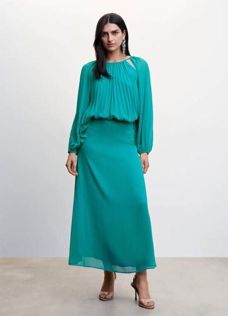 Imagen - Conjunto con blusa plisada y falda midi turquesa