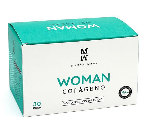 Woman Colágeno en sobres de Marta Masí, con colágeno Peptan hidrolizado, vitamina C, maca e isoflavonas de soja (36,95 €).