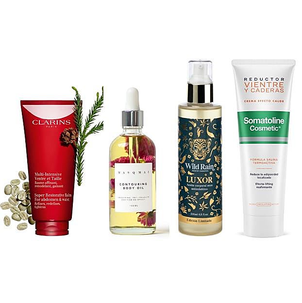 Multi Intensive Ventre & Taille de Clarins está enfocado en mujeres a partir de los 50 y reduce vientre y cintura (84 €) / El aceite anticelulítico de Masqmai, Contouring Body Oil, contiene algas, avellana, abedul y rosa mosqueta (46 €) / Aceite anticelulítico en seco Luxor, de Wild Rain, contiene aceites esenciales de romero, canela y pomelo (37,95 €) / Reductor Vientre y Caderas de Somatoline es una crema con efecto calor que reduce dos cm en cuatro semanas (44,90 €). 