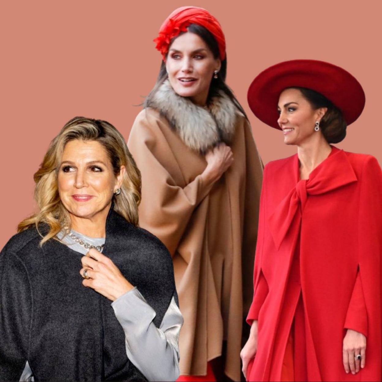 Máxima de Holanda, la reina Letizia y Kate Middleton con un abrigo capa.