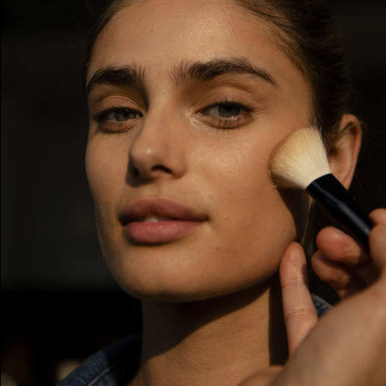 Profesional aplicando polvos compactos a modelo