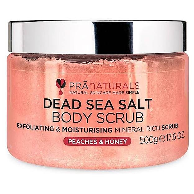 Exfoliante de sal del Mar Muerto con melocotón y miel de PraNaturals