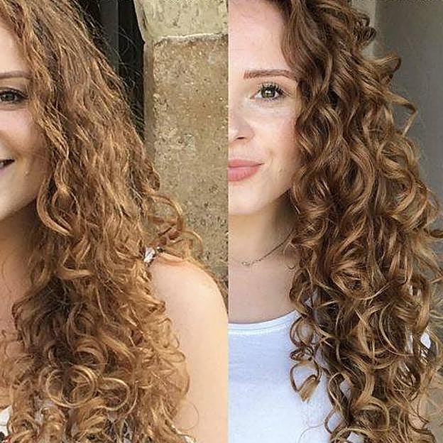 Antes y después del método del bol para pelo rizado