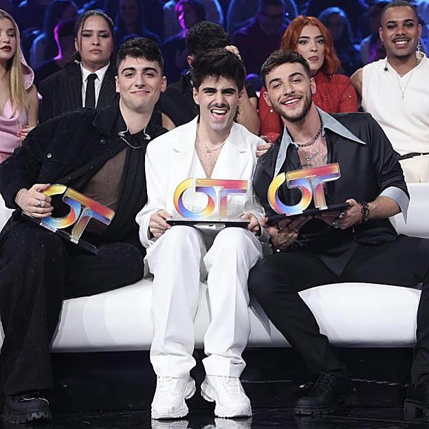 El cuarto, sexto y quinto clasificado de 'Operación triunfo 2023', de izquierda a derecha: Juanjo, Martin y Lucas. 